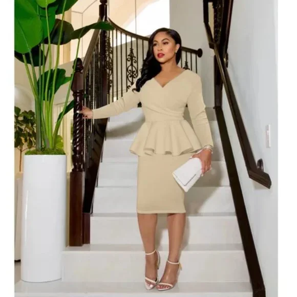 open lace back dress Women Dress Elegant Peplum Business Dresses Sexy Split Long Sleeve Bodycon  Knee Length Formal Pencil Back Zipper Dress(White,S) at Amazon Women's  Clothing store main image 0